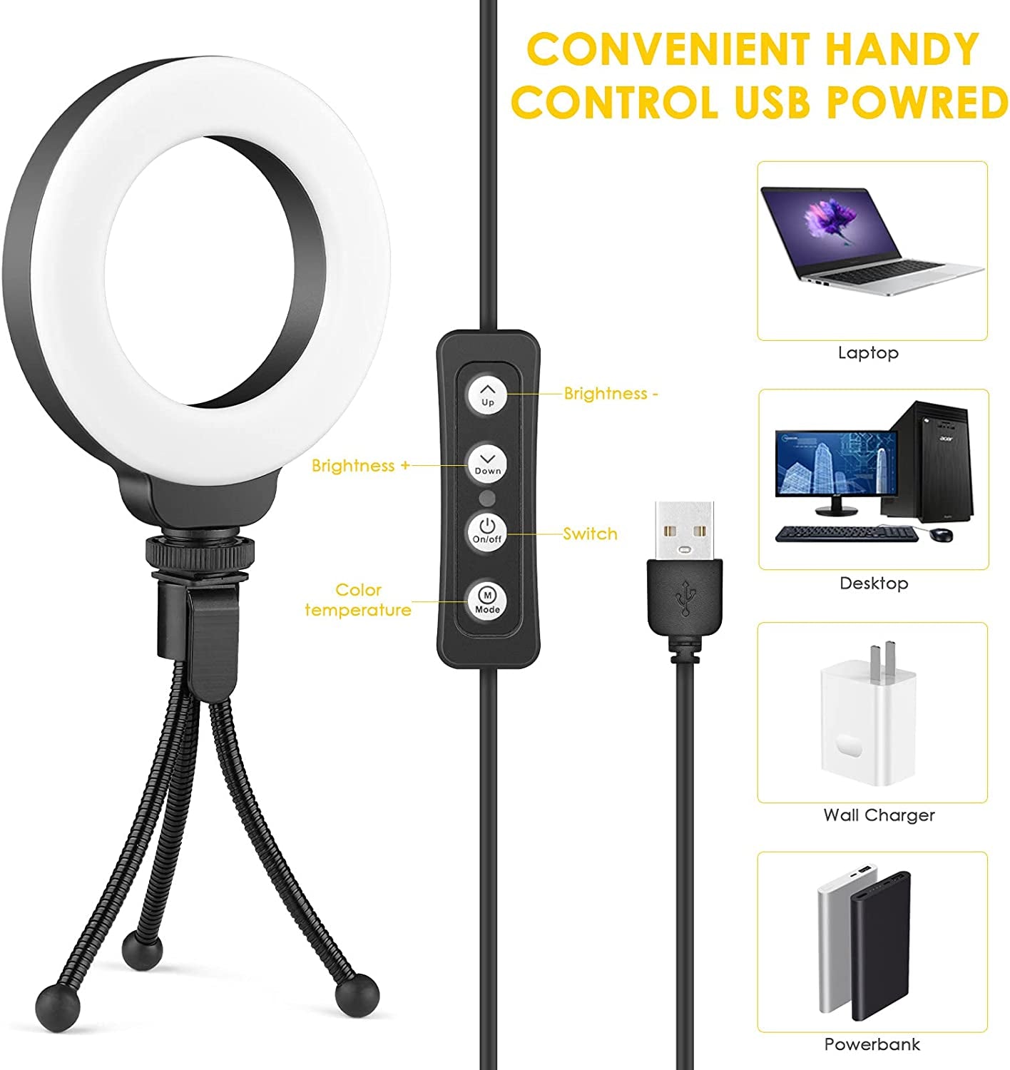 Laptop Ring Light Kit: 4-inch Dimmable USB-Powered Ring Light with Stand & Clip - Ideal for Video Conferencing, Zoom Meetings, Makeup, Selfies, and TikTok Recording